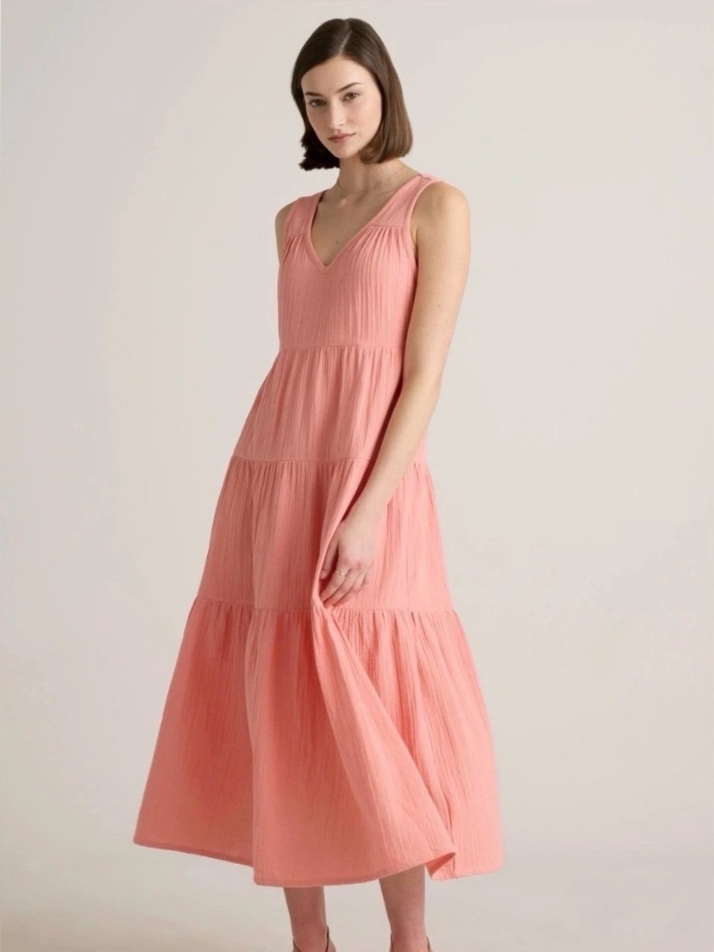 NWT Quince Organic Cotton Gauze Tiered Maxi Dress Pink Rose Sleeveless V Neck M